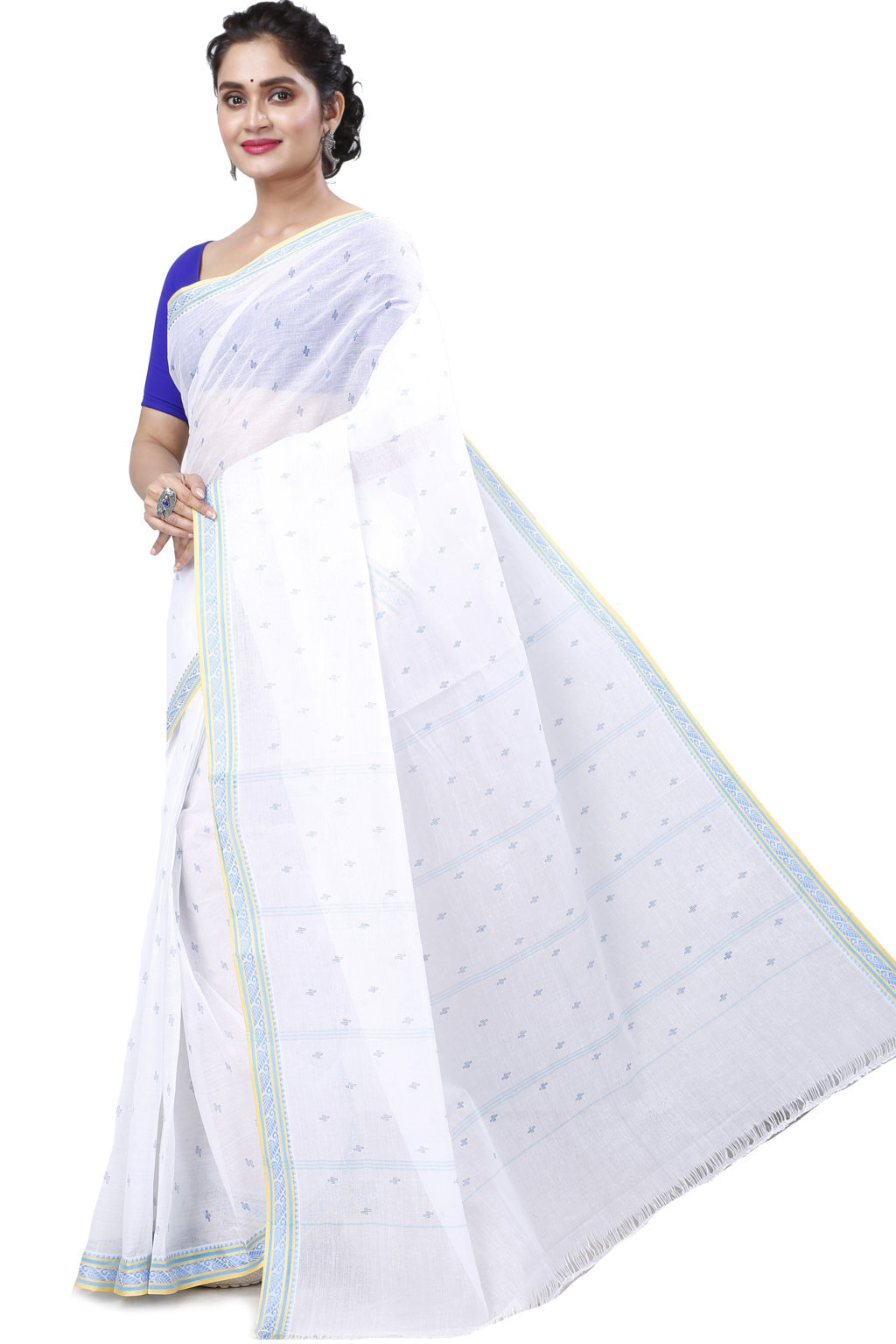 White Blue Pure Cotton Regina Tant Saree (987)